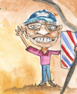 watercolor painting of man next to barber pole