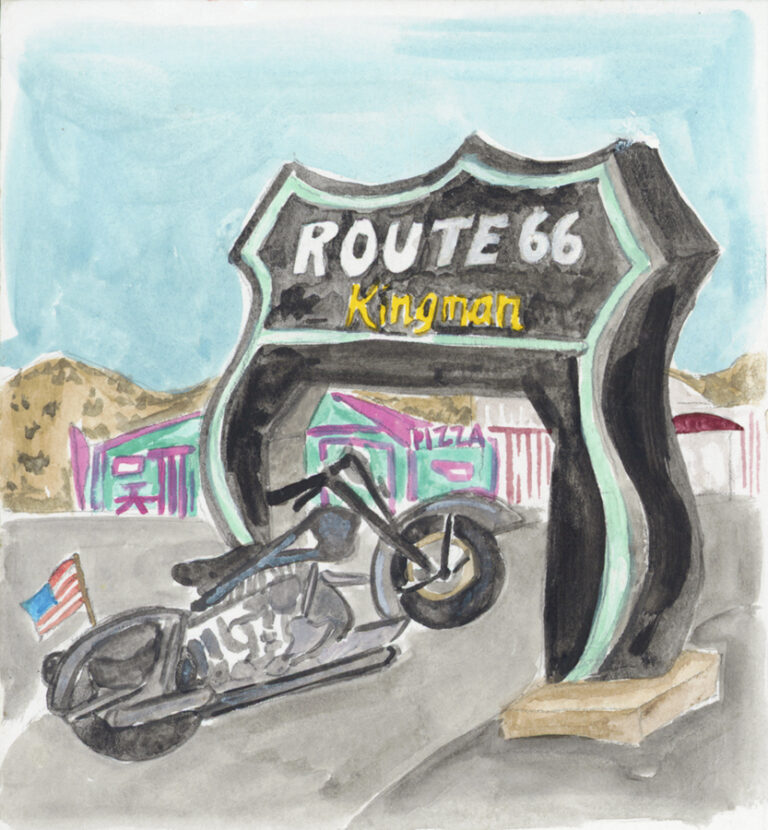 watercolor of motorcycle going through Route 66 sign